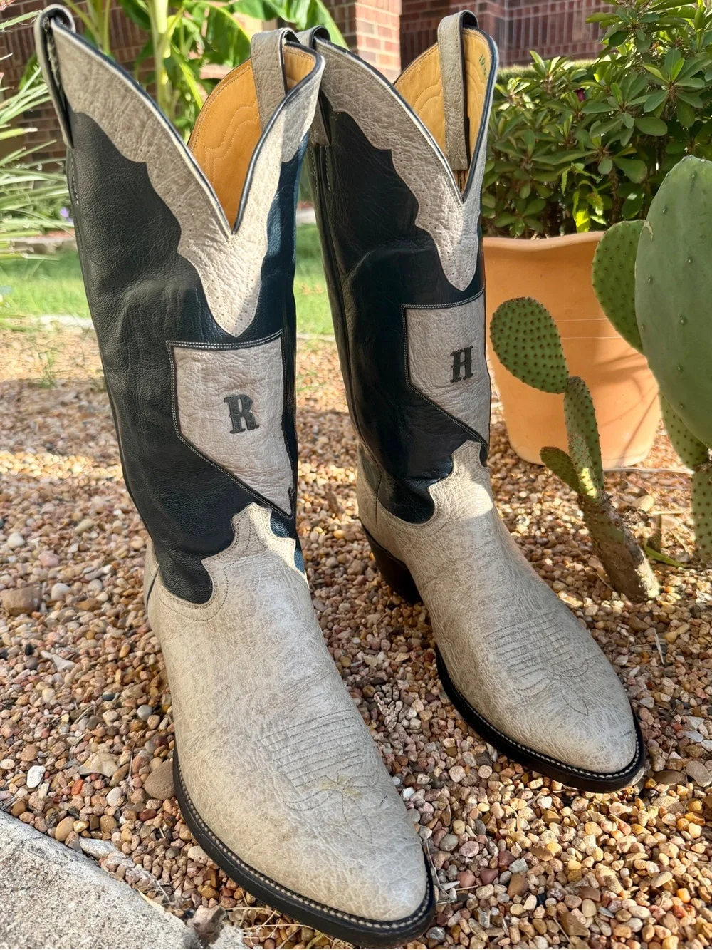 VTG Justin Antelope Cowboy Boots 11D Exotic Leather Western Blue Grey Two Tone